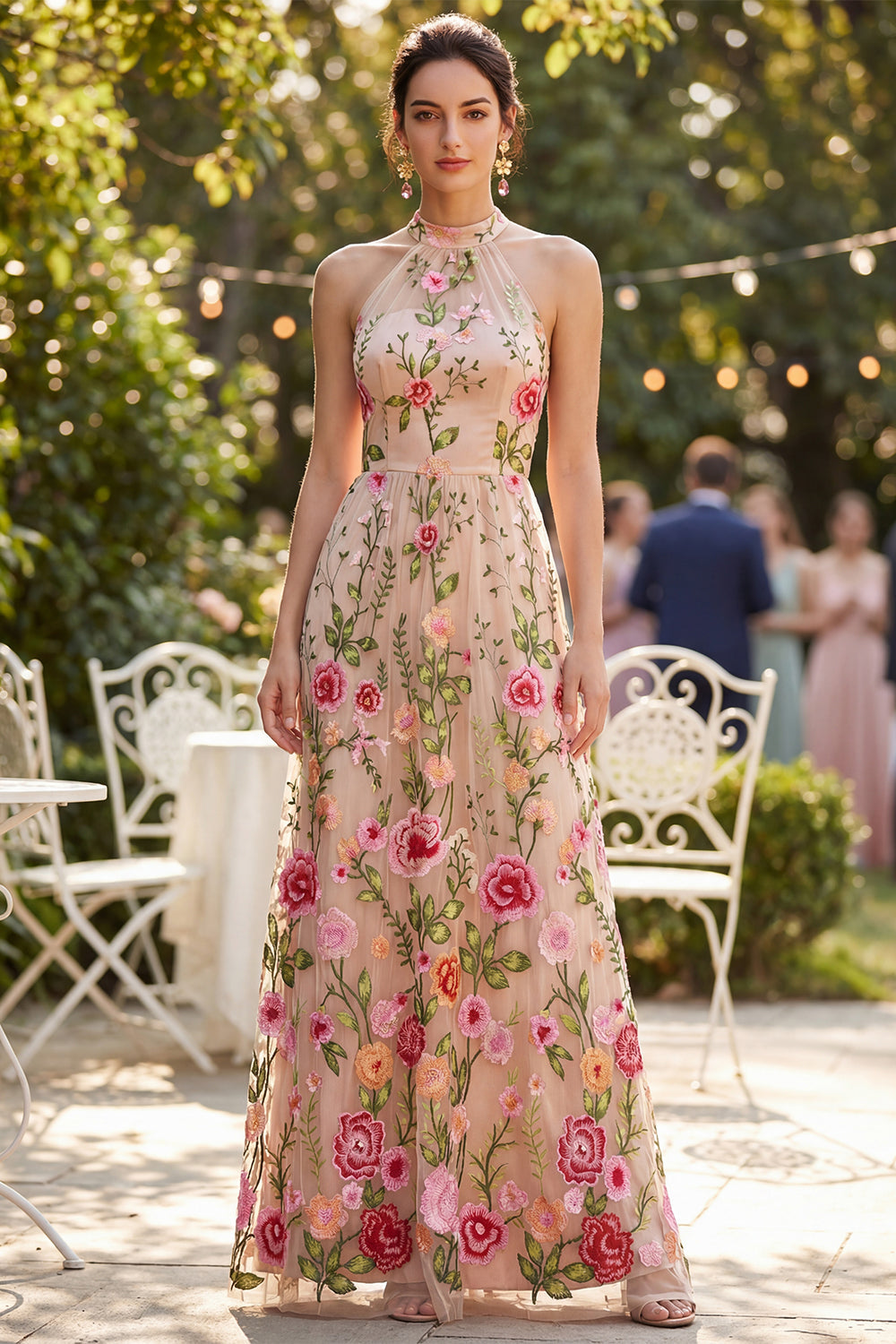Blush A-Line Embroidered Tulle Halter Neck Long Floral Dress
