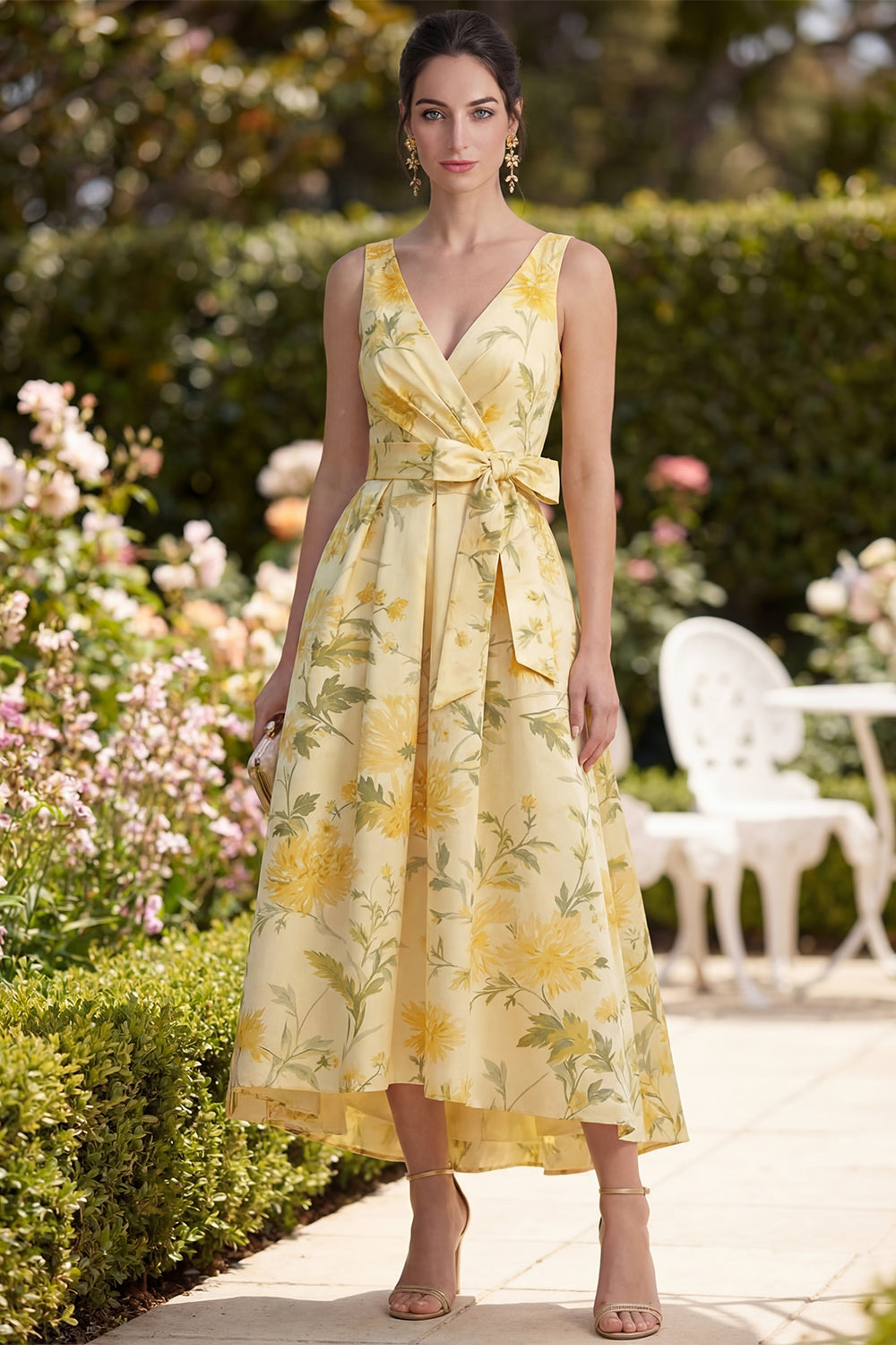 Robe midi trapèze froncée avec nœud, encolure en V et imprimé floral jaune