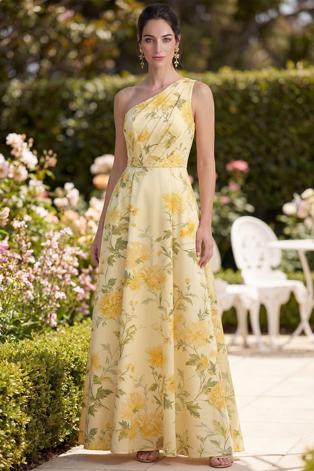 Robe longue asymétrique fleurie froncée jaune beurre
