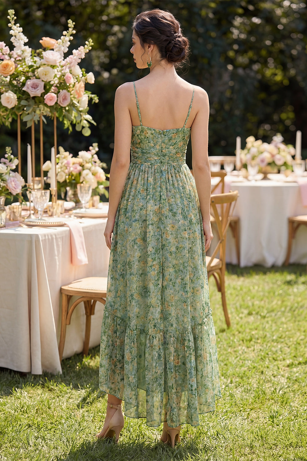 Dusty Green Ruched V-Neck High-Low Floral Dress with Ruffles