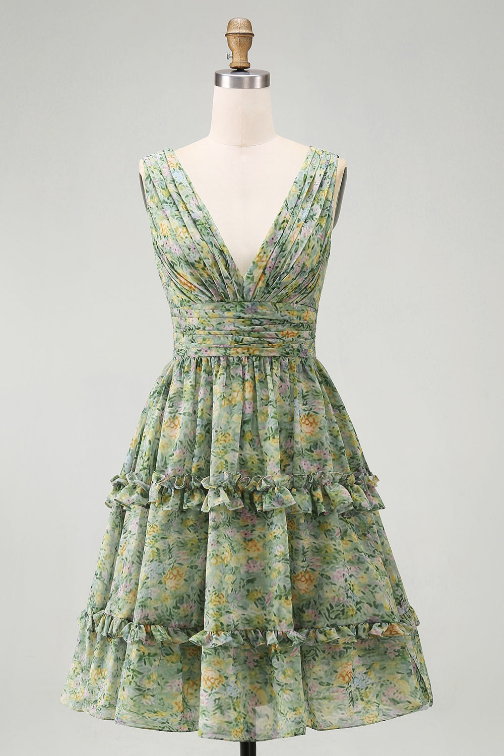 Robe midi fleurie ligne A vert poussière à volants, col en V et fronces
