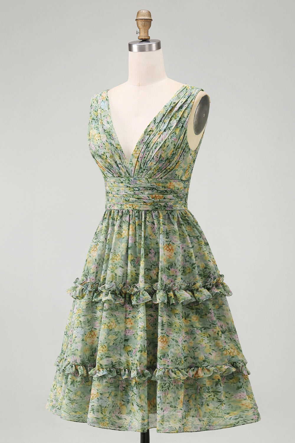 Robe midi fleurie ligne A vert poussière à volants, col en V et fronces