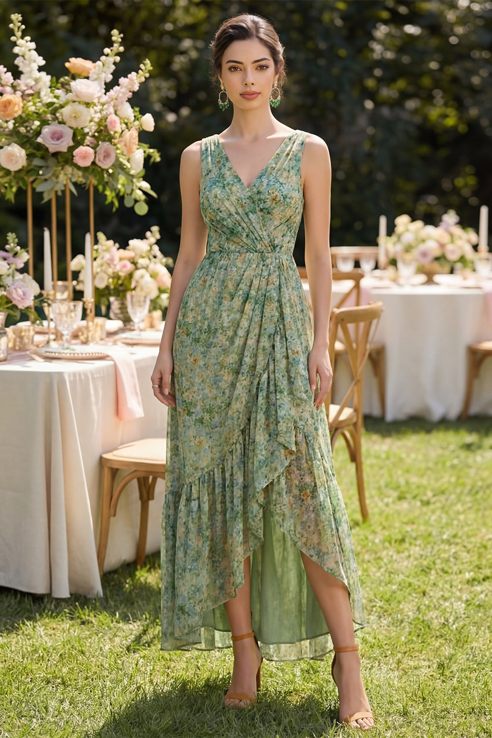 Dusty Green Sheath V-Neck High-Low Floral Dress with Ruffles