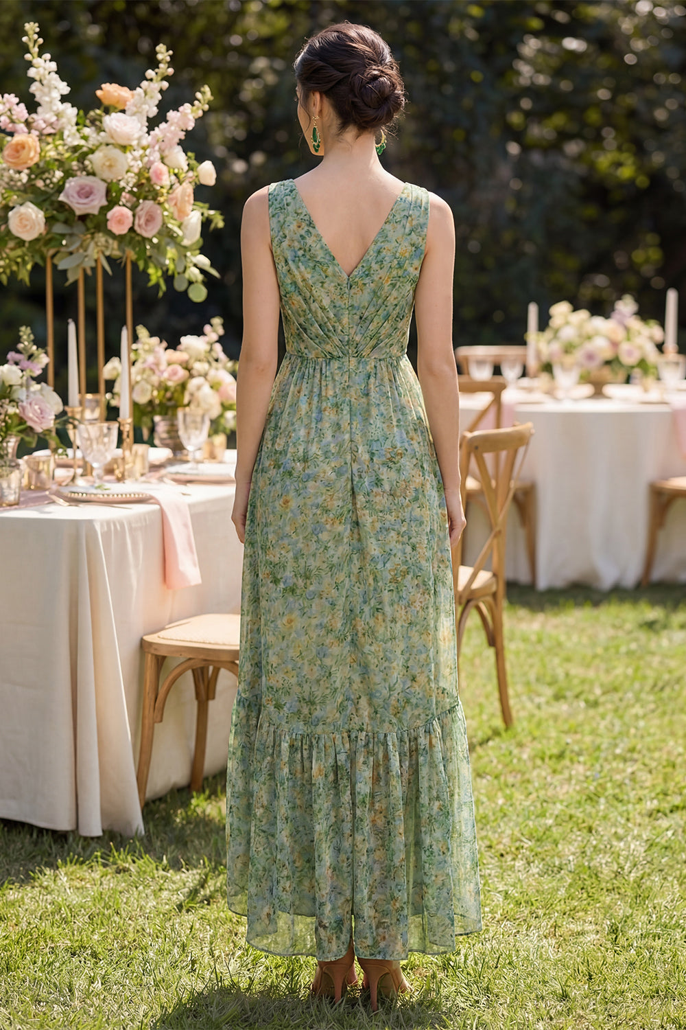 Dusty Green Sheath V-Neck High-Low Floral Dress with Ruffles