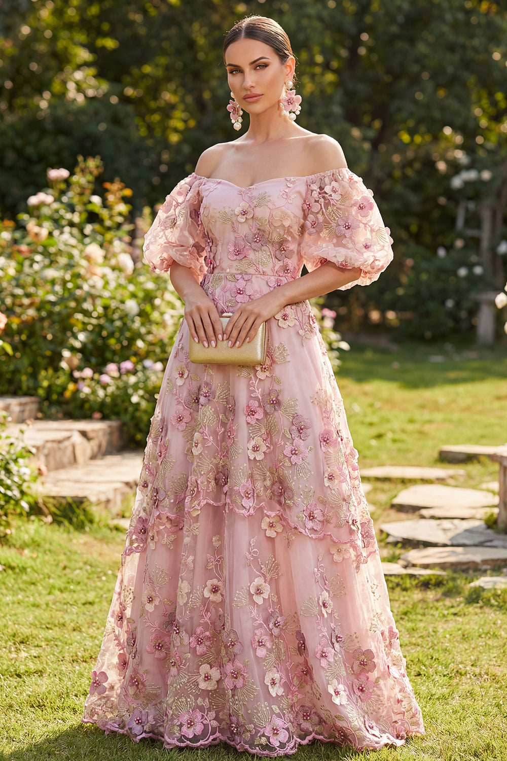 Off-the-Shoulder Pink Fuchsia A-Line Tulle Appliqued Long Floral Dress with Puff Sleeves
