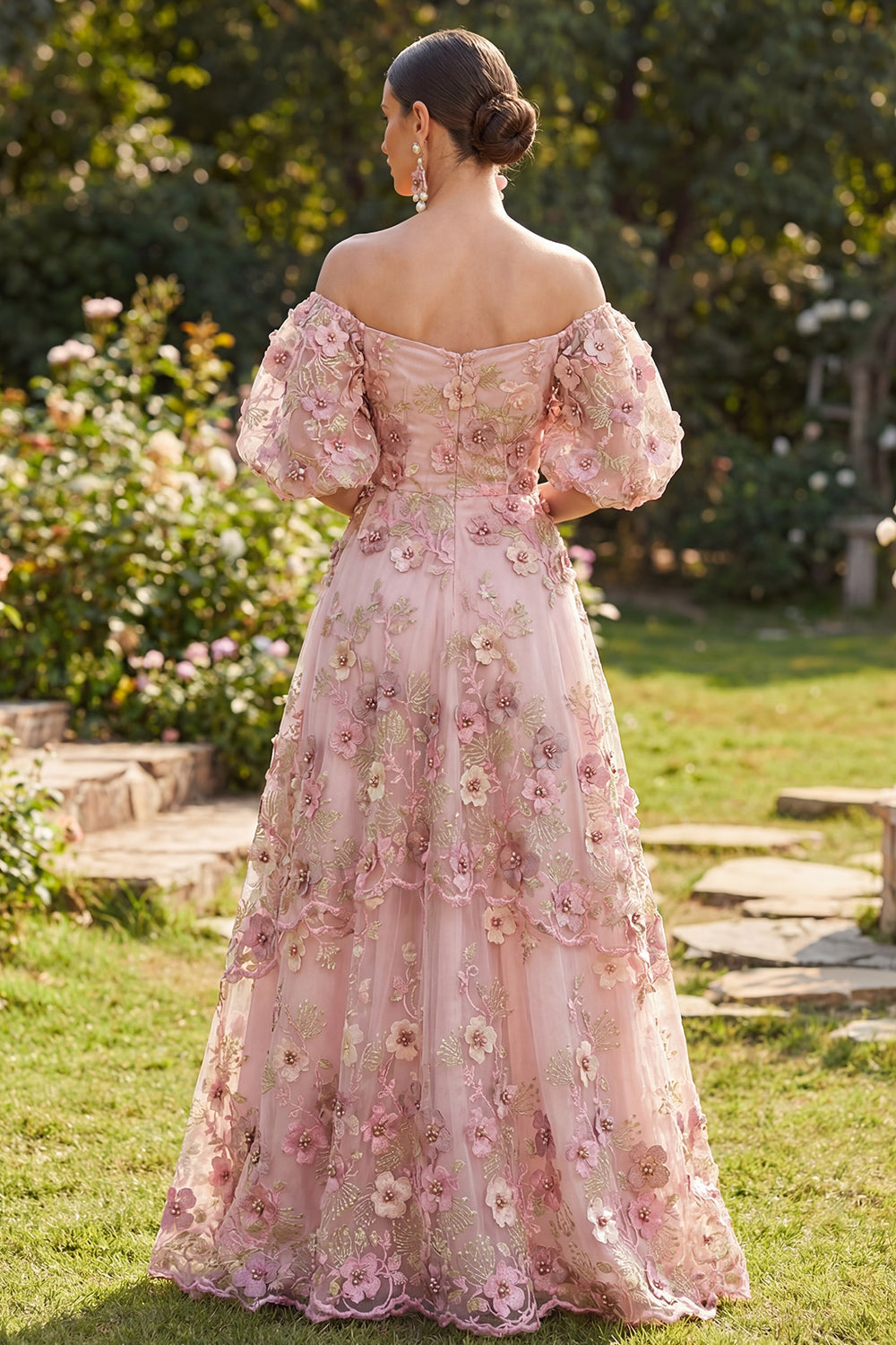 Off-the-Shoulder Pink Fuchsia A-Line Tulle Appliqued Long Floral Dress with Puff Sleeves