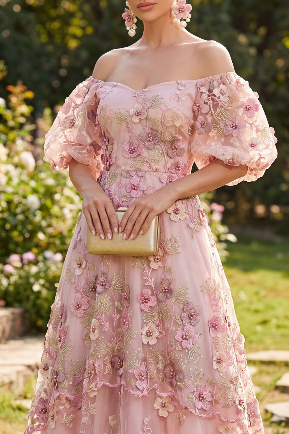 Off-the-Shoulder Pink Fuchsia A-Line Tulle Appliqued Long Floral Dress with Puff Sleeves