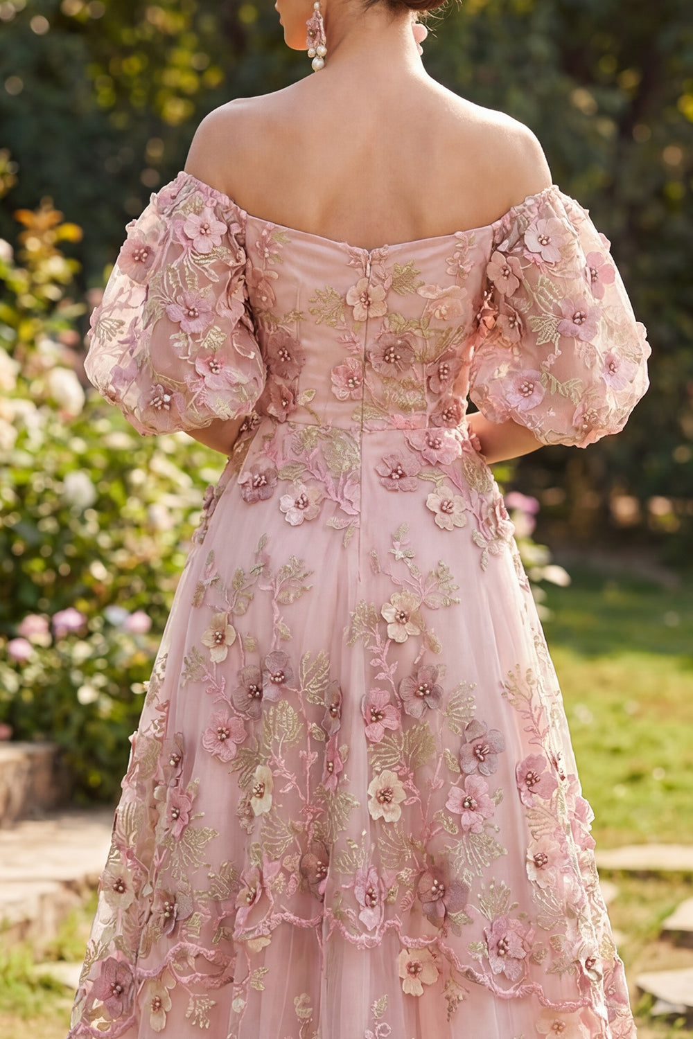 Off-the-Shoulder Pink Fuchsia A-Line Tulle Appliqued Long Floral Dress with Puff Sleeves