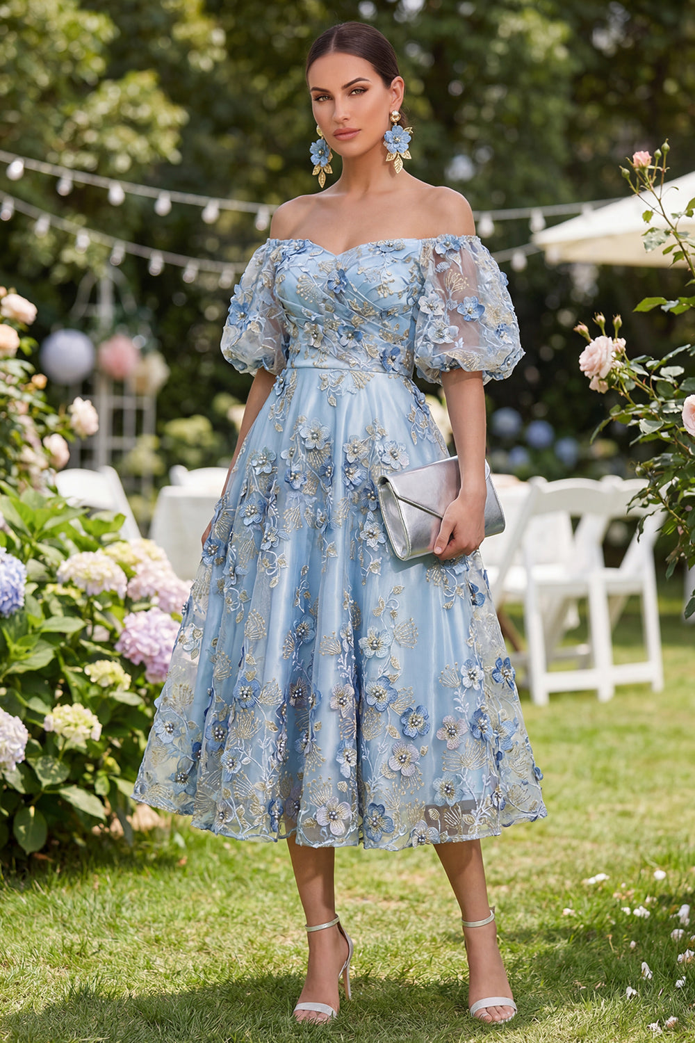 Off the Shoulder A-Line Tulle Blue Appliqued Ruched Beaded Floral Midi Dress