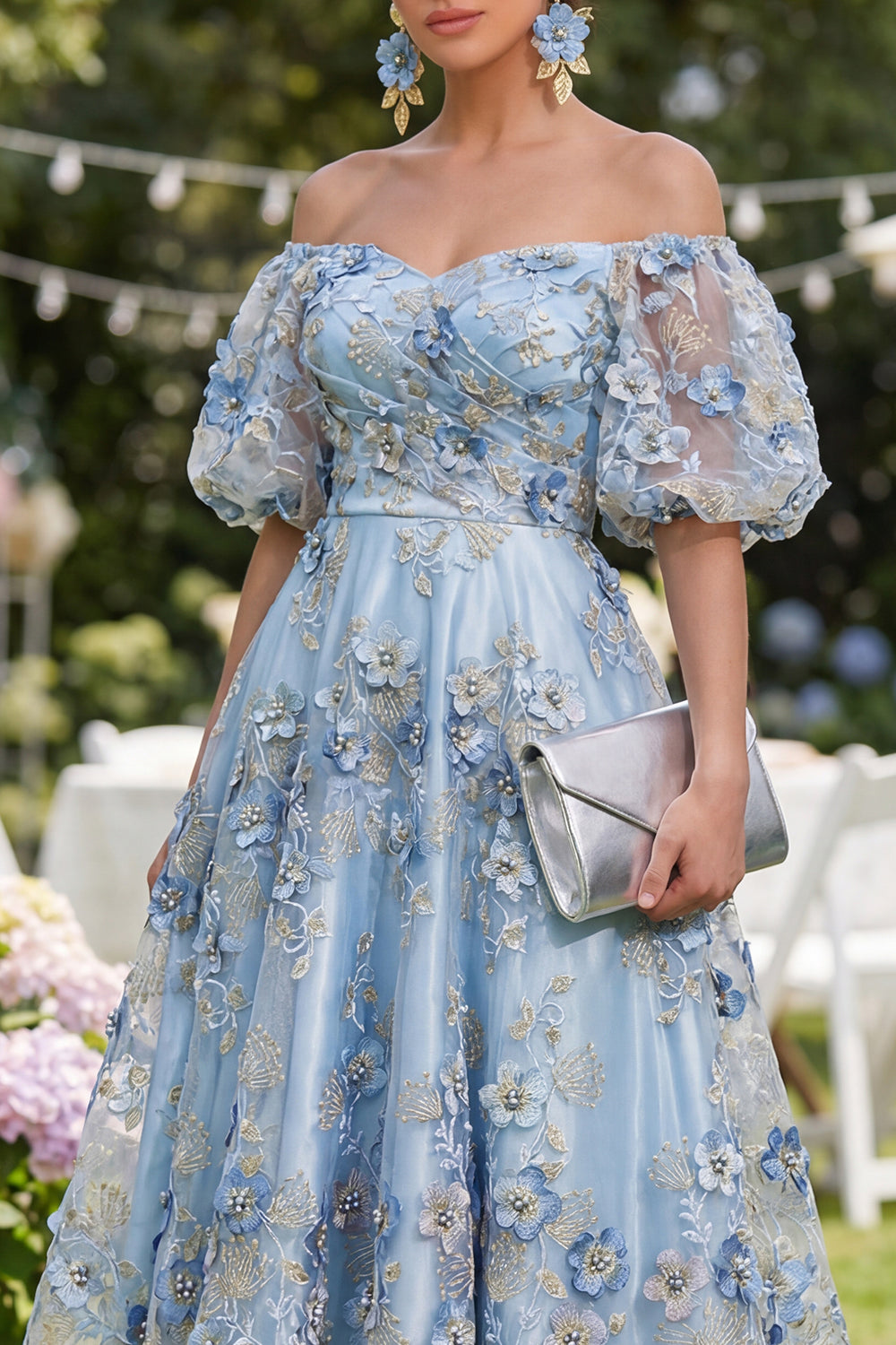 Off the Shoulder A-Line Tulle Blue Appliqued Ruched Beaded Floral Midi Dress