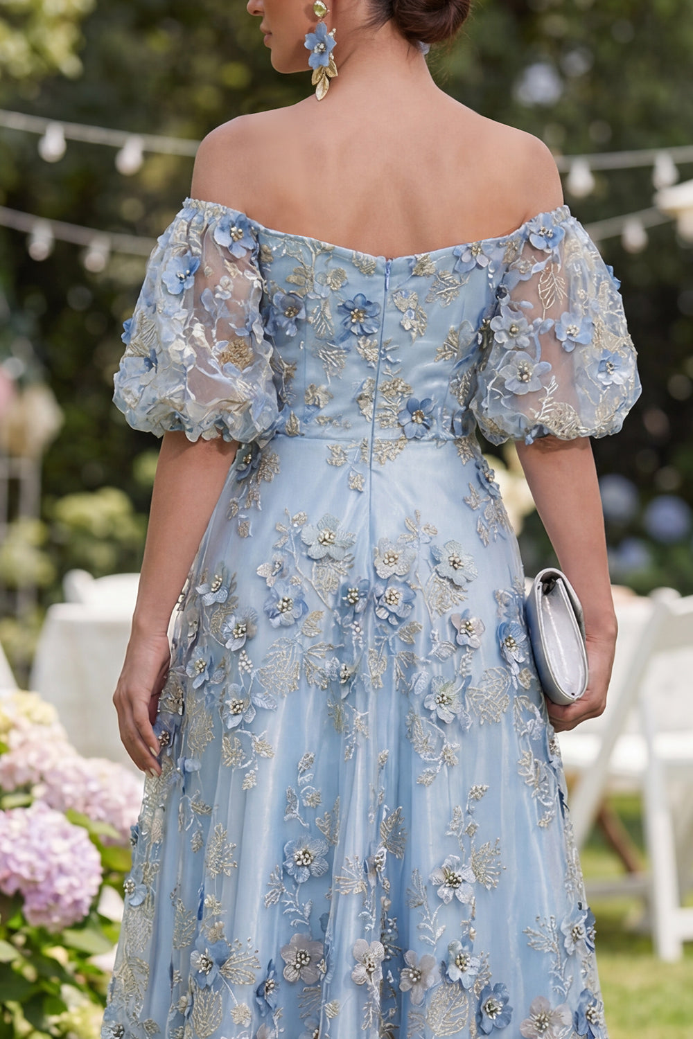 Off the Shoulder A-Line Tulle Blue Appliqued Ruched Beaded Floral Midi Dress
