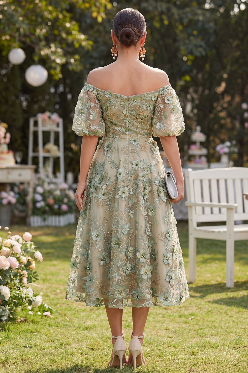 Off the Shoulder A-Line Tulle Blue Appliqued Ruched Beaded Floral Midi Dress