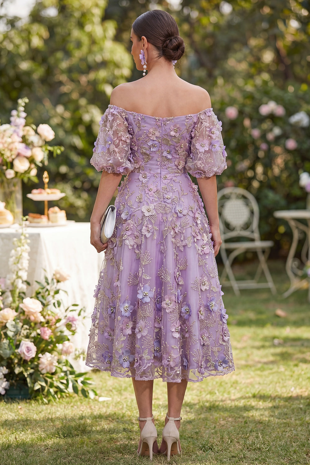 Off the Shoulder A-Line Tulle Blue Appliqued Ruched Beaded Floral Midi Dress