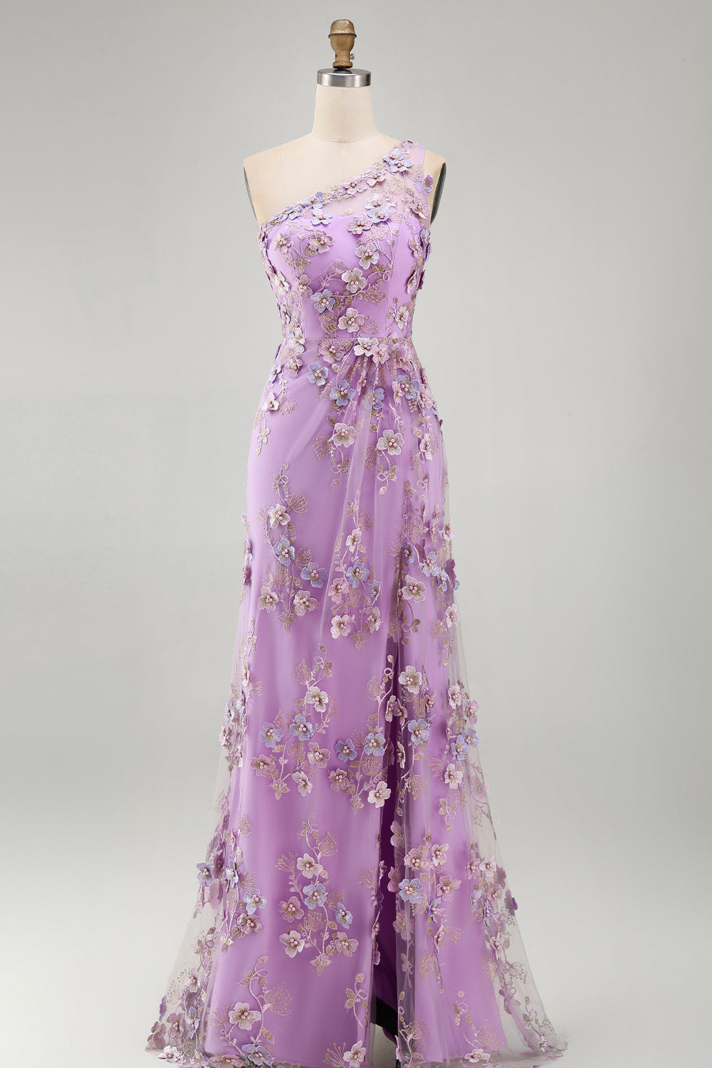 Mermaid Tulle Lilac One Shoulder Appliqued Beaded Ruched Long Floral Dress with Slit