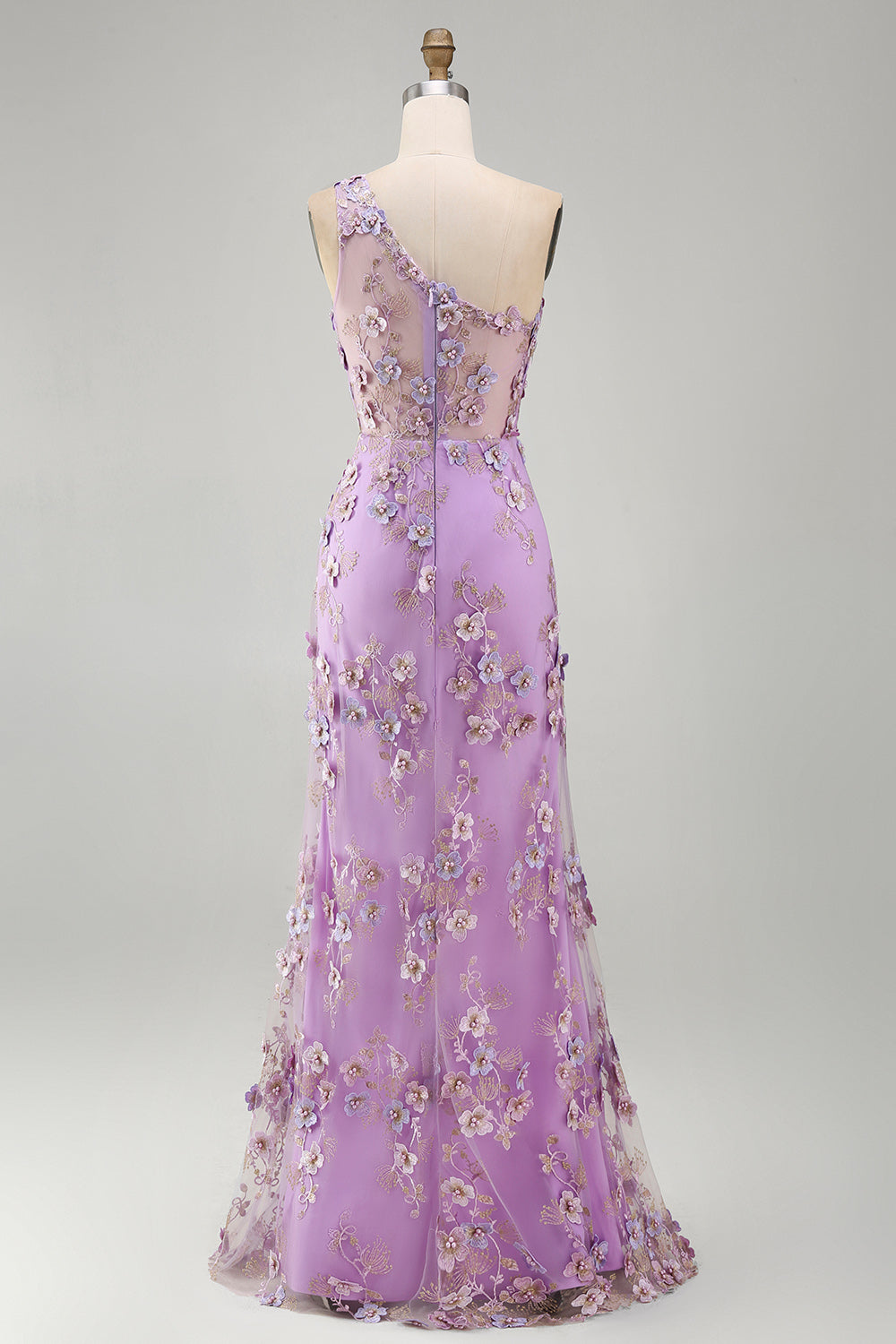 Mermaid Tulle Lilac One Shoulder Appliqued Beaded Ruched Long Floral Dress with Slit