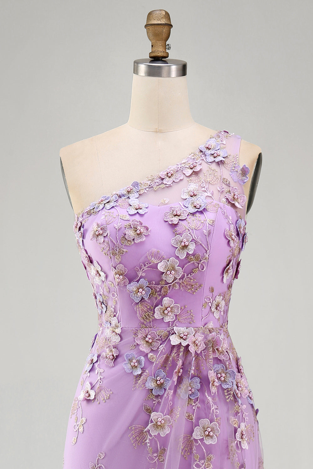 Mermaid Tulle Lilac One Shoulder Appliqued Beaded Ruched Long Floral Dress with Slit