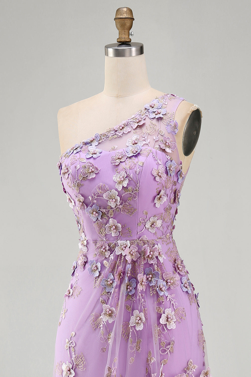 Mermaid Tulle Lilac One Shoulder Appliqued Beaded Ruched Long Floral Dress with Slit