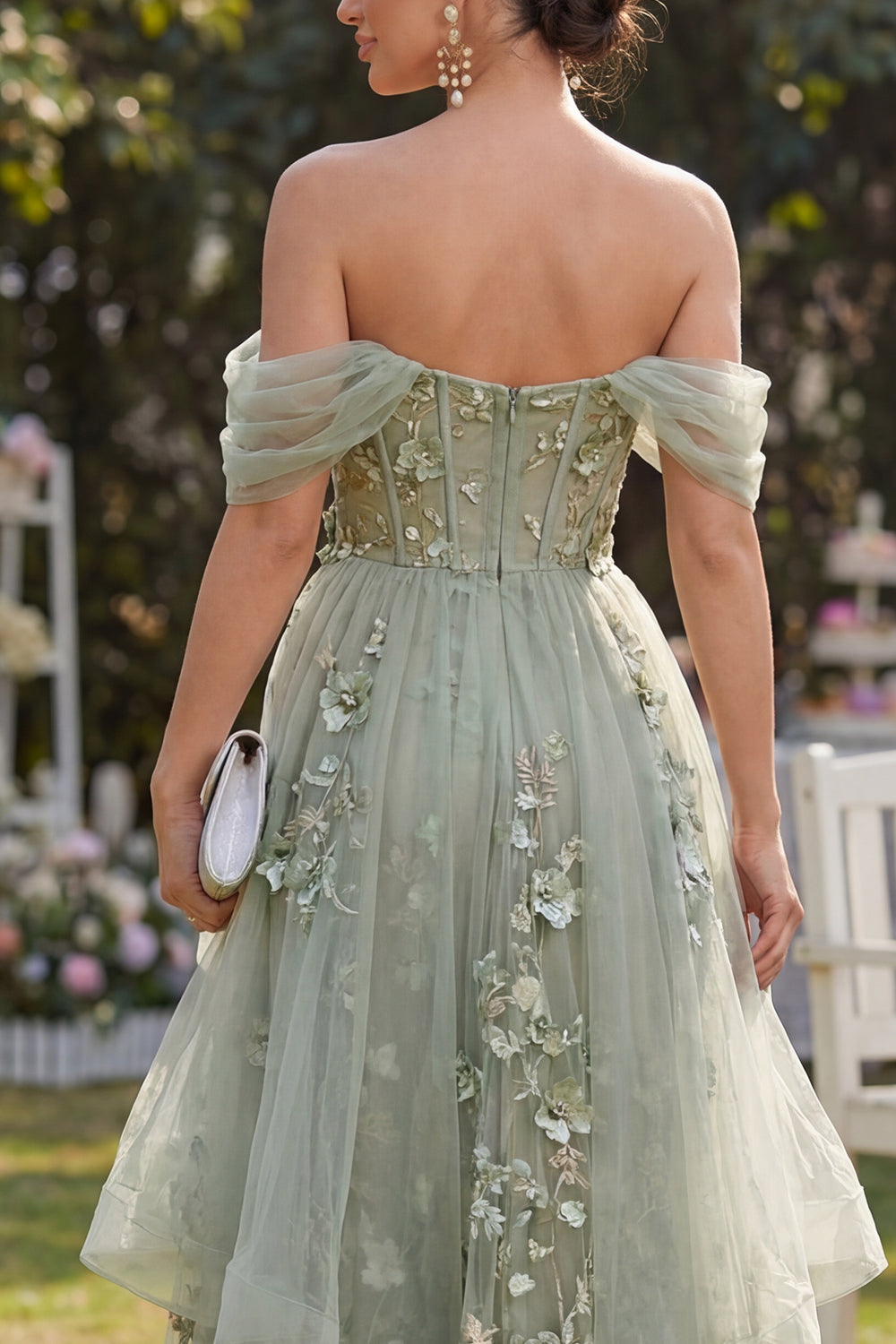 Off the Shoulder Organza Dusty Green A-Line Appliqued Corset Midi Floral Dress