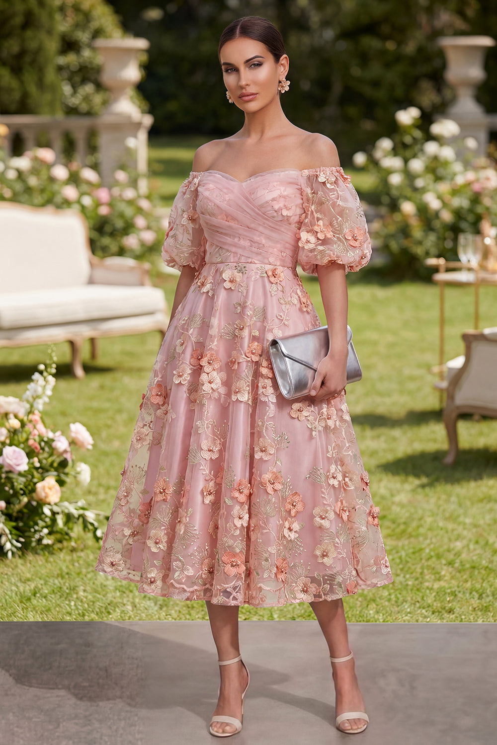 Pink Orange Off the Shoulder A-Line Tulle Appliqued Beaded Ruched Midi Floral Dress