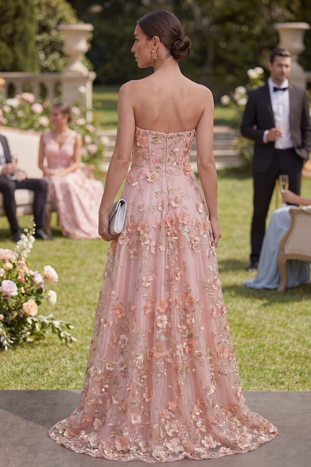 Sweetheart Pink Orange A-Line Tulle Appliqued Beaded Long Floral Dress with Slit