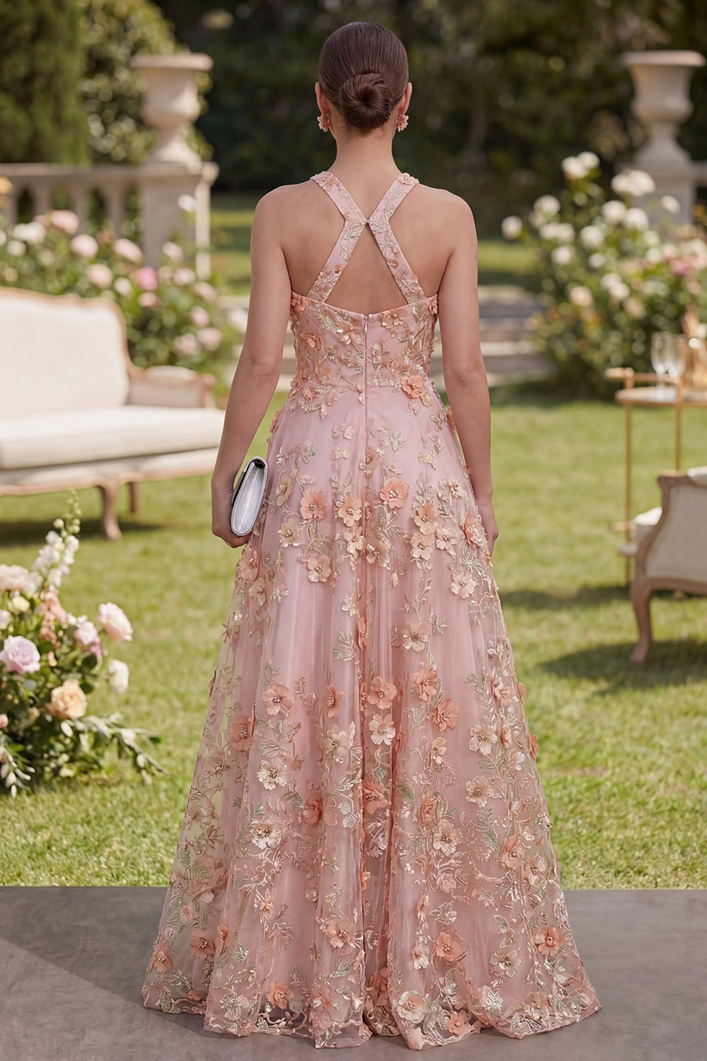 A-Line Pink Orange Tulle Halter Neck Appliqued Beaded Long Floral Dress