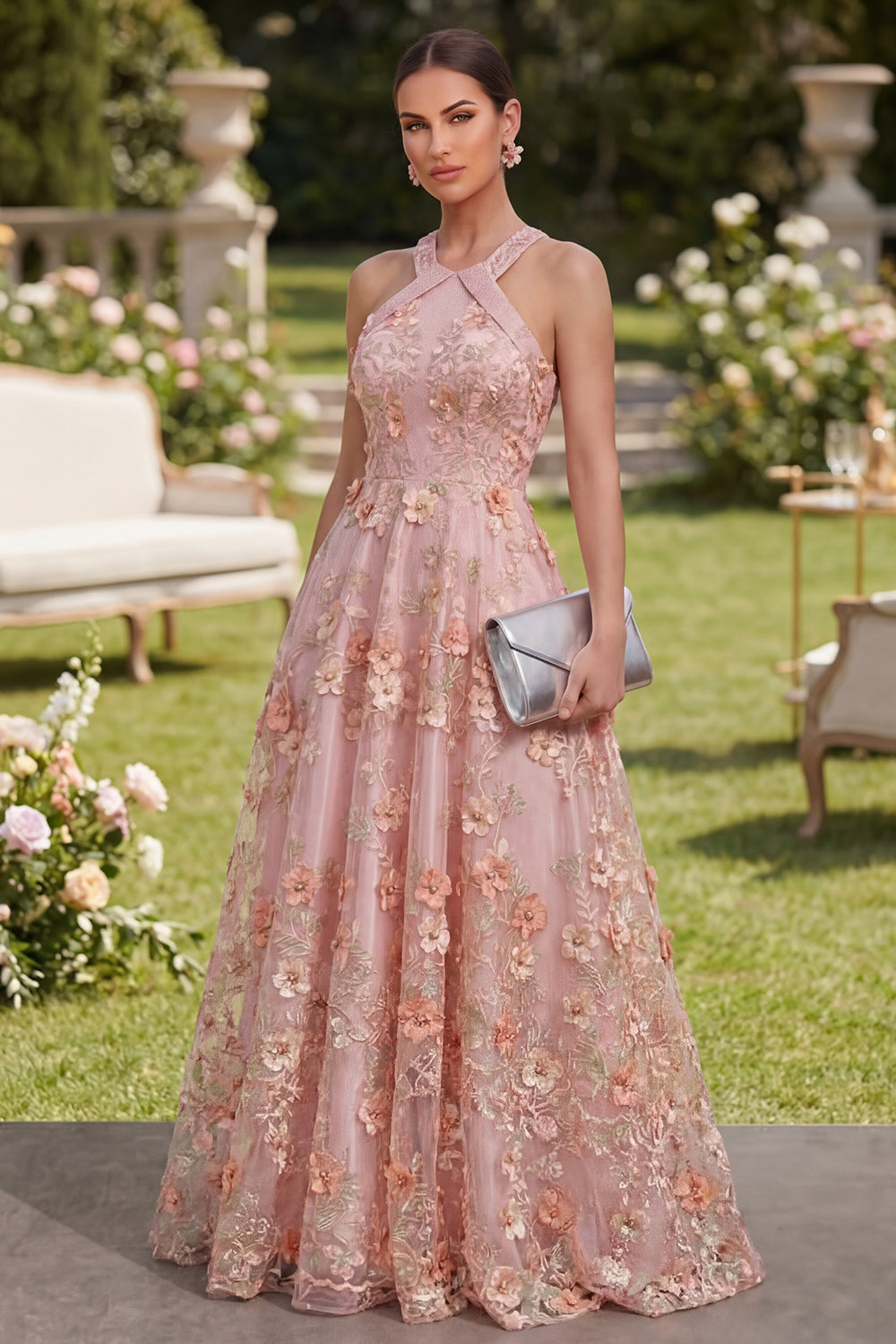A-Line Pink Orange Tulle Halter Neck Appliqued Beaded Long Floral Dress