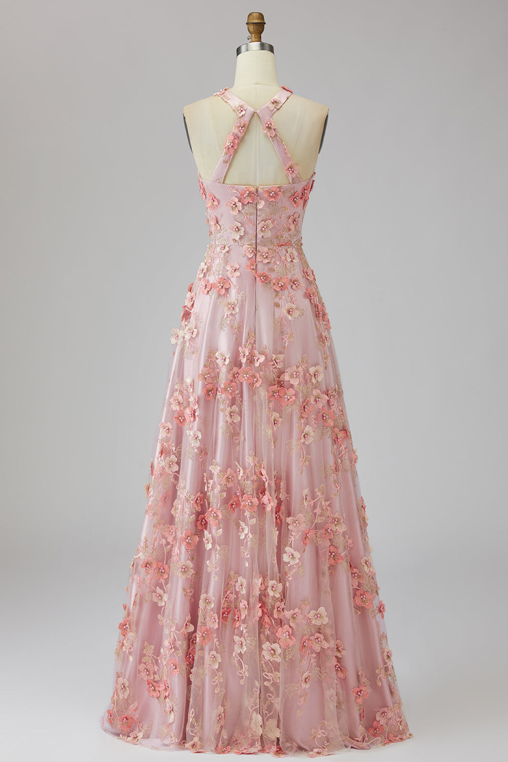A-Line Pink Orange Tulle Halter Neck Appliqued Beaded Long Floral Dress