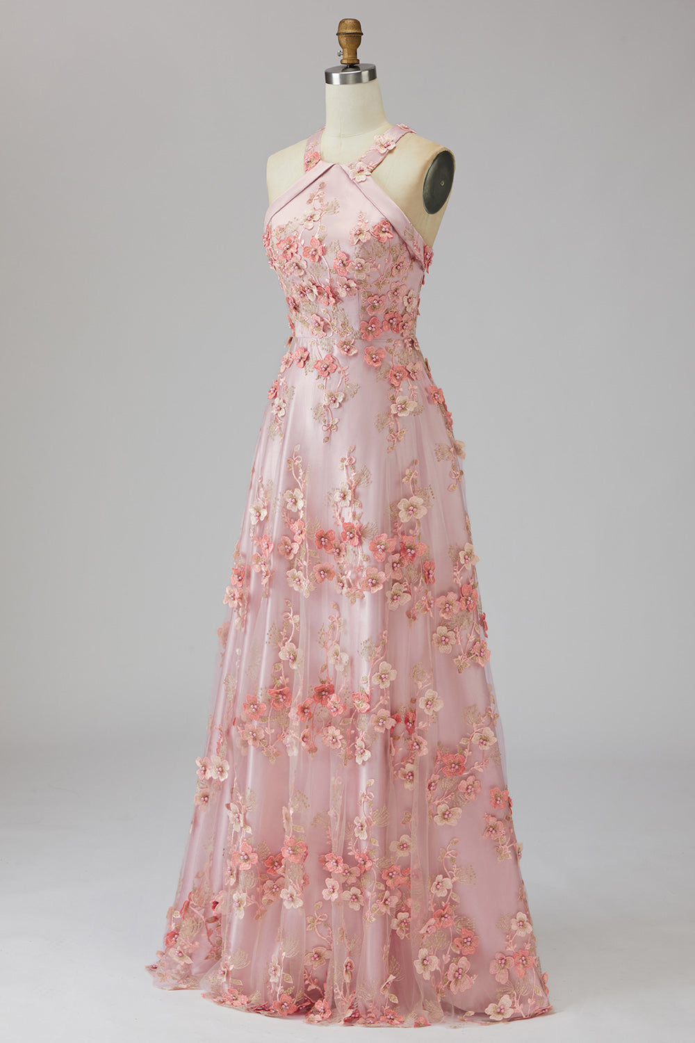 A-Line Pink Orange Tulle Halter Neck Appliqued Beaded Long Floral Dress