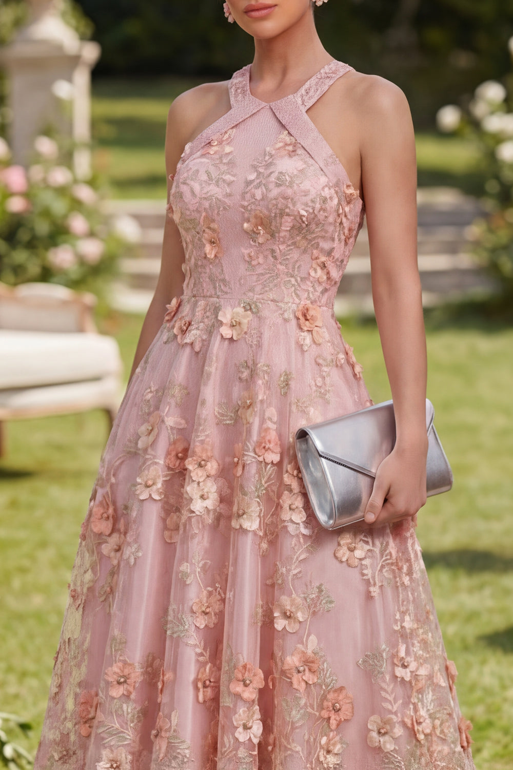 A-Line Pink Orange Tulle Halter Neck Appliqued Beaded Long Floral Dress