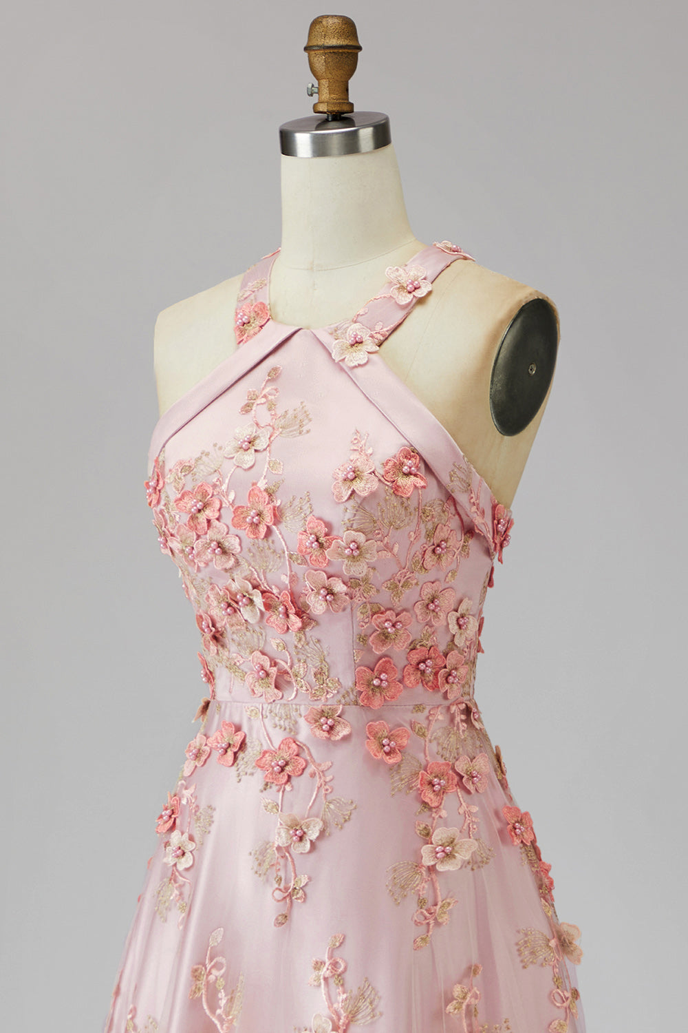 A-Line Pink Orange Tulle Halter Neck Appliqued Beaded Long Floral Dress