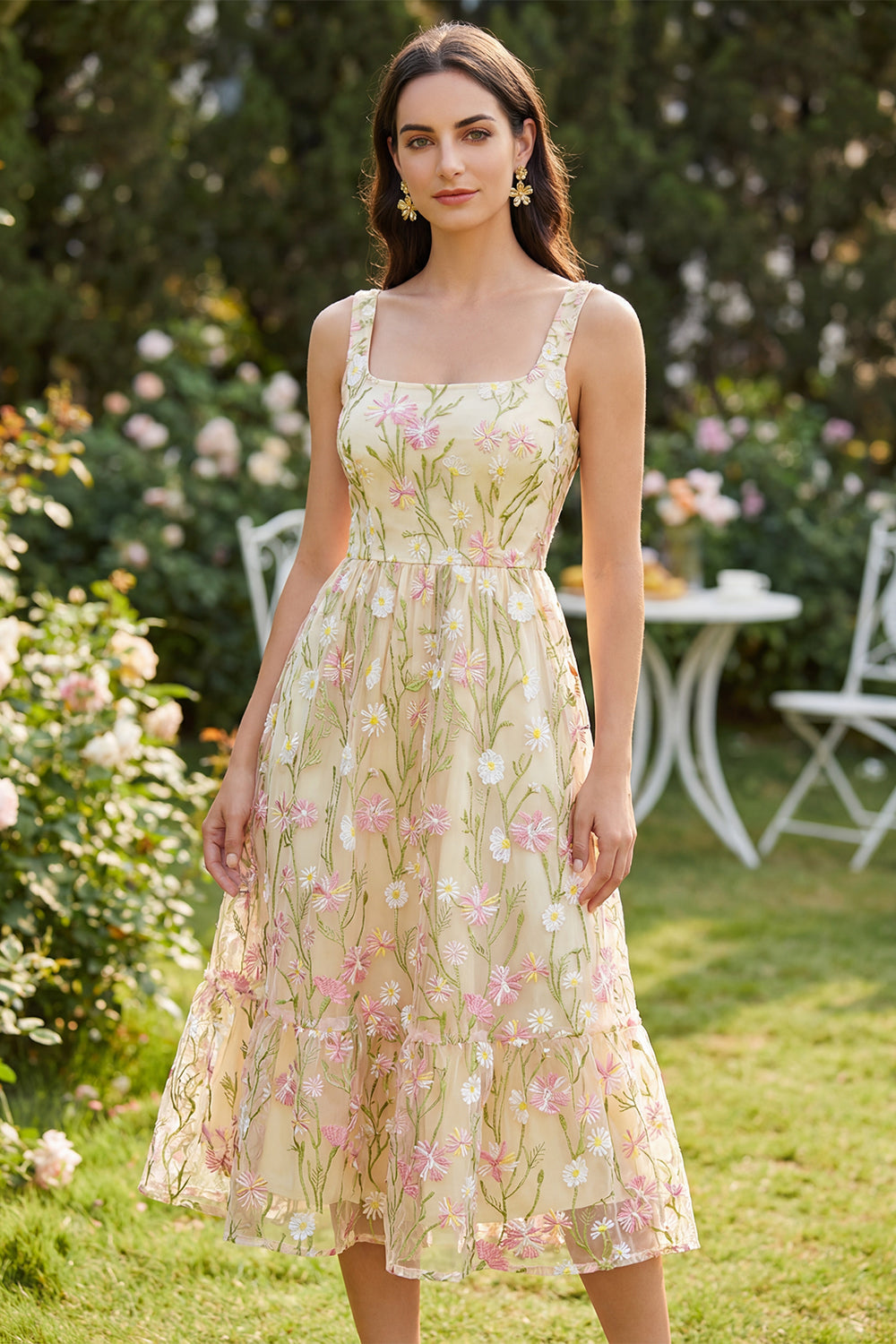 Square Neck Floral Light Yellow A Line Midi Dress