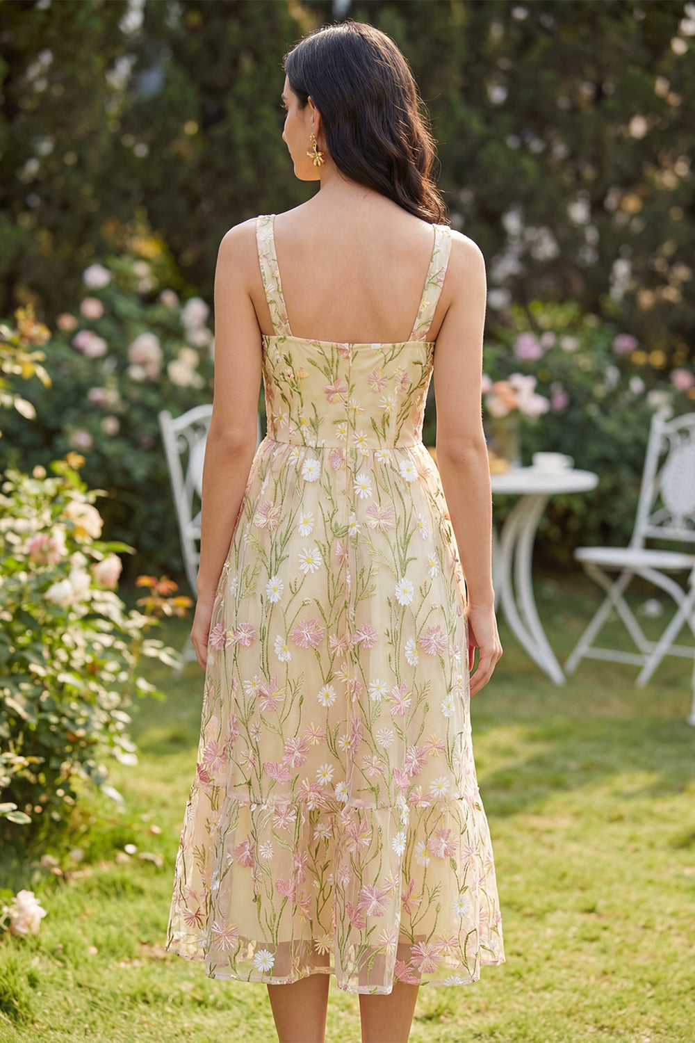 Square Neck Floral Light Yellow A Line Midi Dress