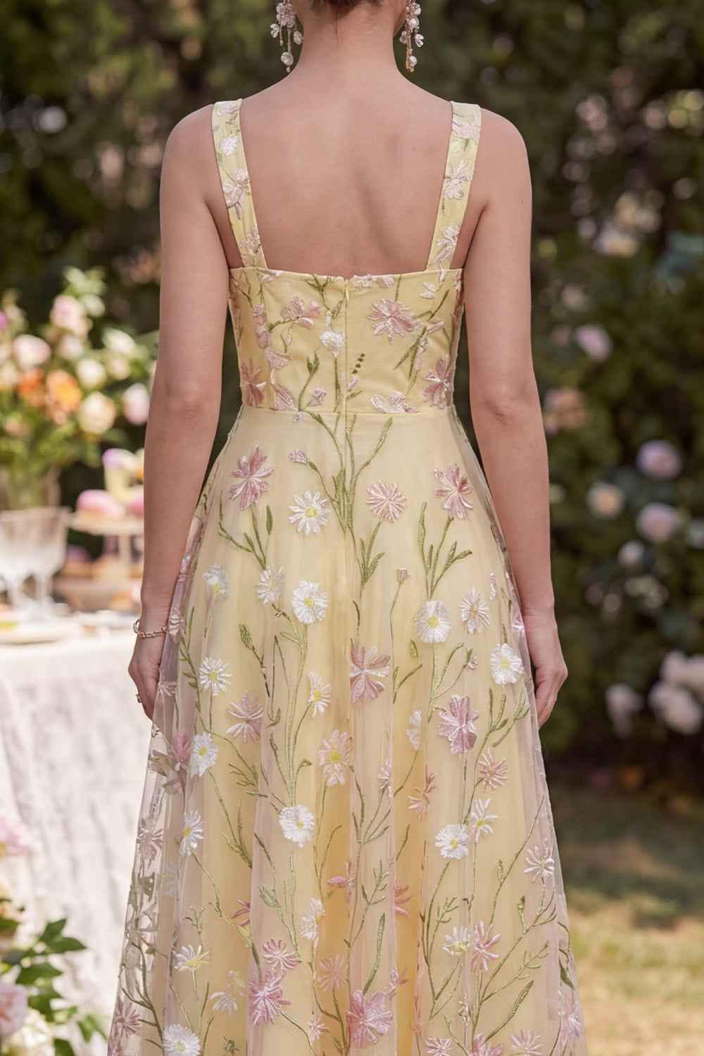Thick Straps Floral Light Yellow A Line Midi Dress