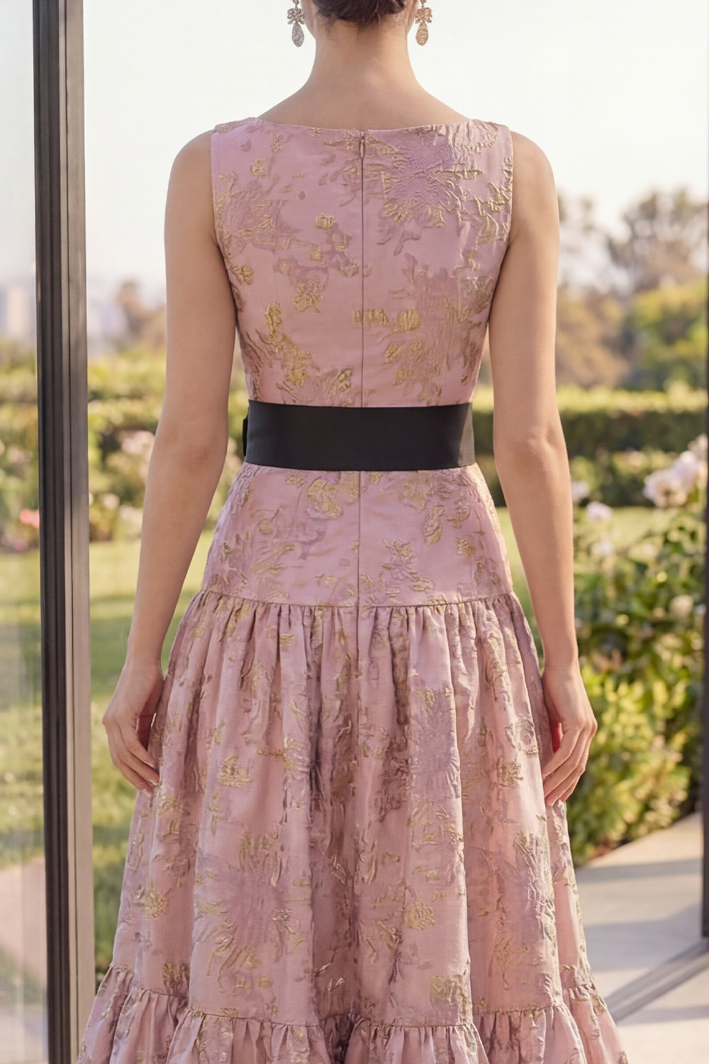 Blush Jacquard Boat Neck A Line Maxi Floral Dress with Bow