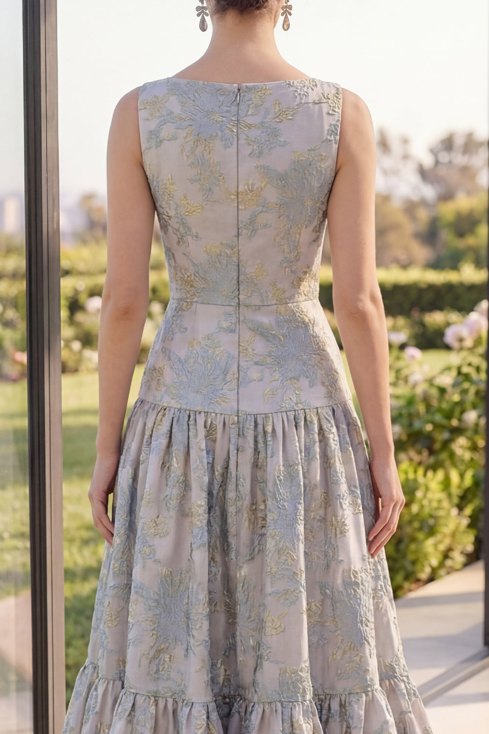 Blush Jacquard Boat Neck A Line Maxi Floral Dress with Bow