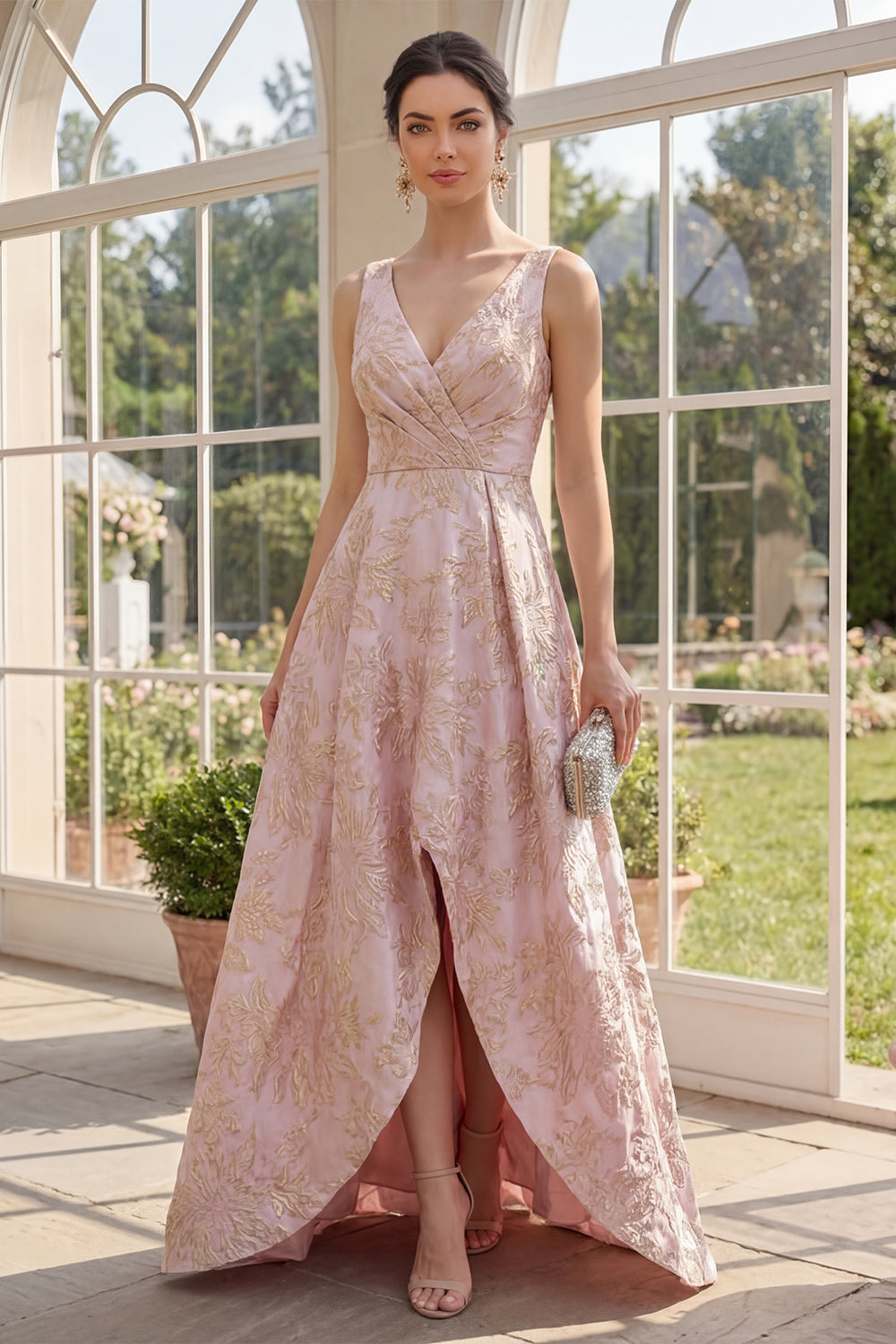 Blush V-Neck Ruched High-Low A-Line Jacquard Floral Maxi Dress