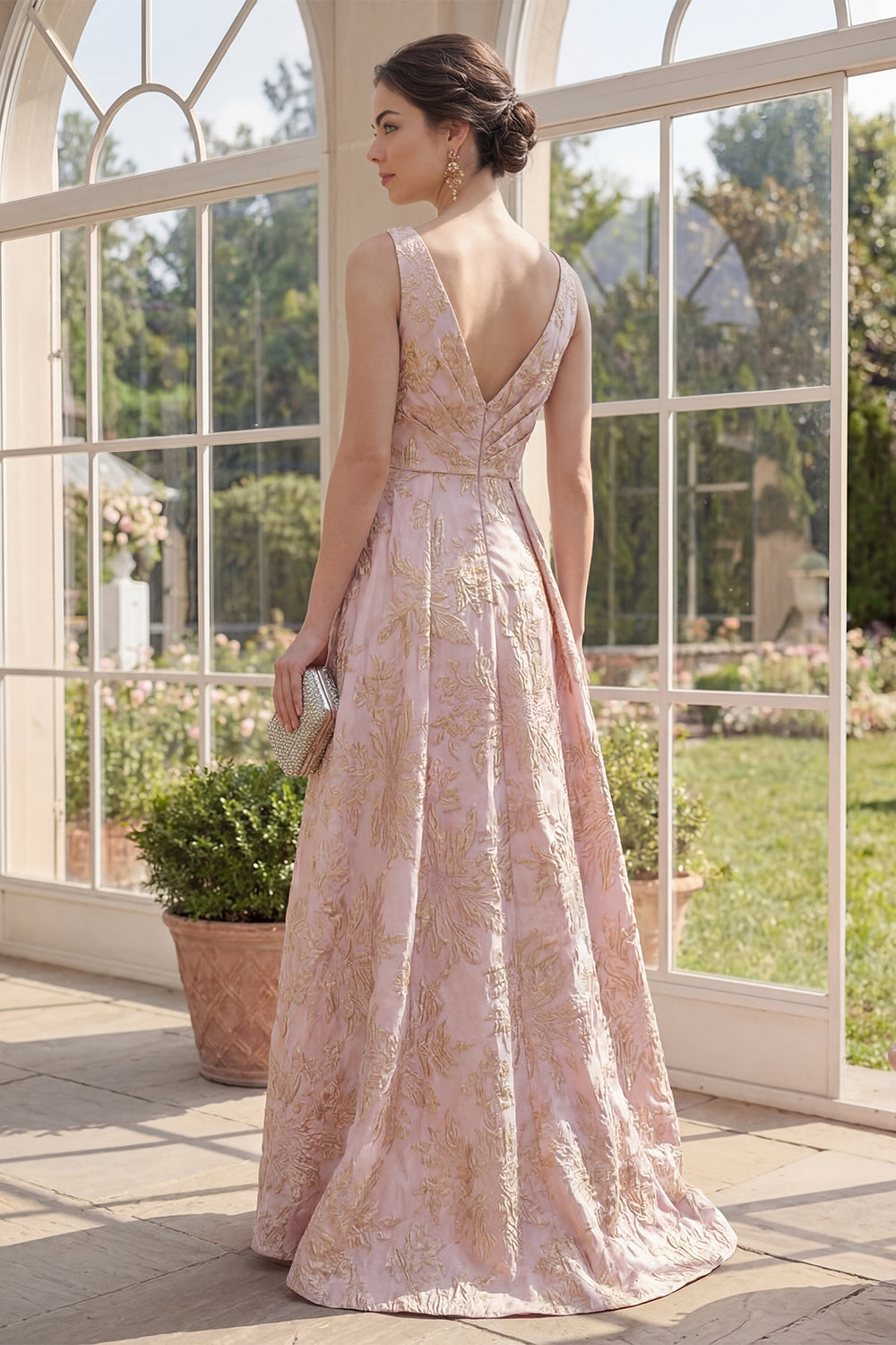Blush V-Neck Ruched High-Low A-Line Jacquard Floral Maxi Dress