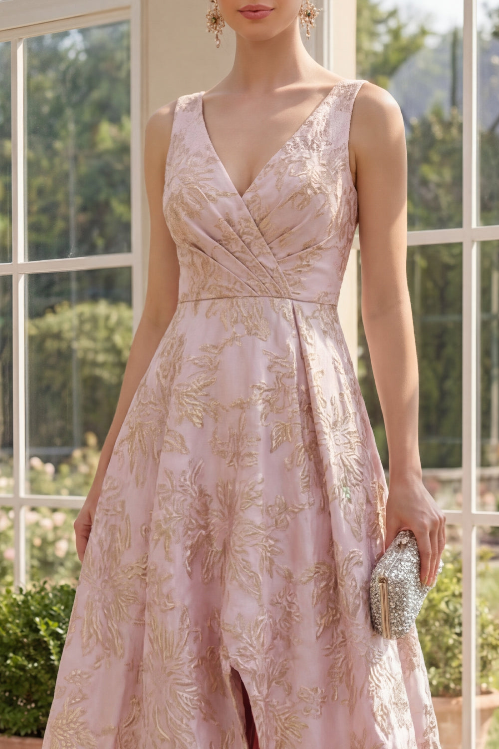 Blush V-Neck Ruched High-Low A-Line Jacquard Floral Maxi Dress