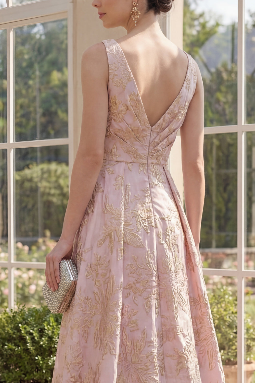 Blush V-Neck Ruched High-Low A-Line Jacquard Floral Maxi Dress