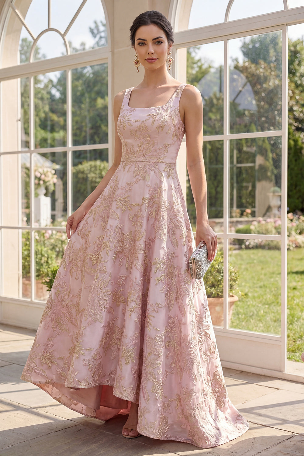 Blush A-Line Square Neck Jacquard Maxi Floral Dress