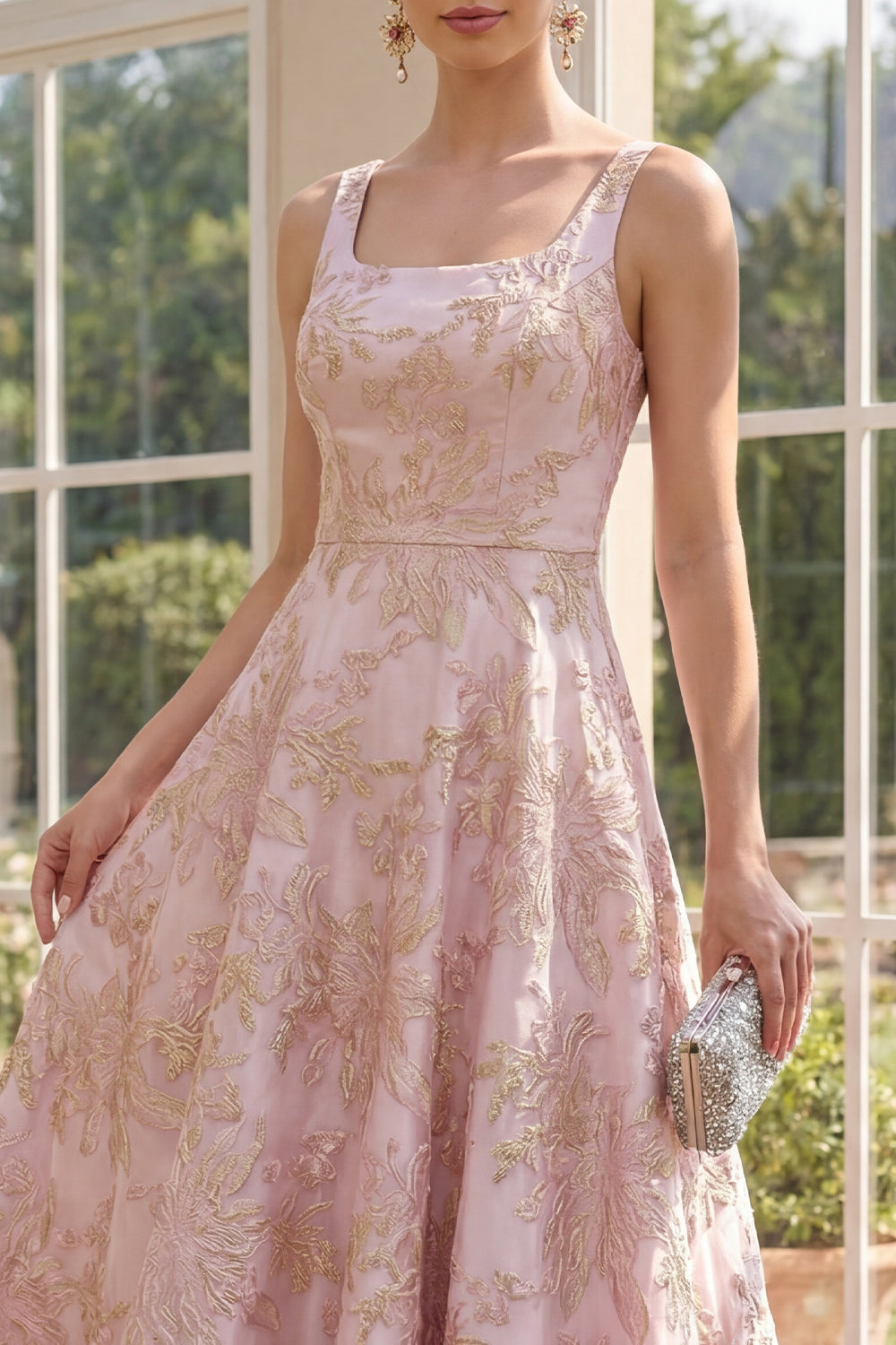Blush A-Line Square Neck Jacquard Maxi Floral Dress