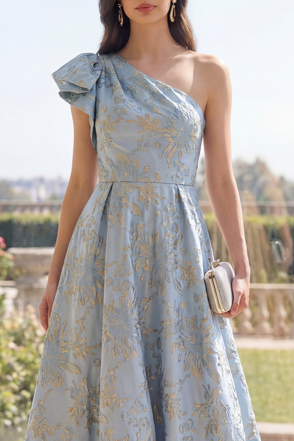 Dusty Blue A Line Jacquard One Shoulder Maxi Floral Dress with Bow