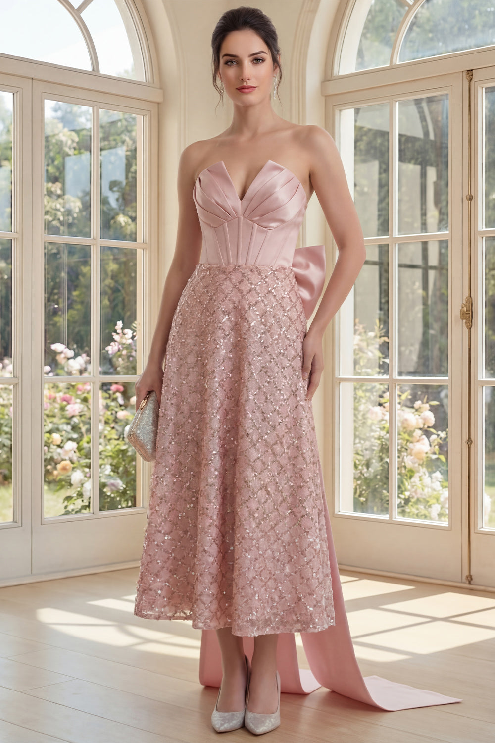 Strapless Blush Corset A-Line Bow Midi Dress