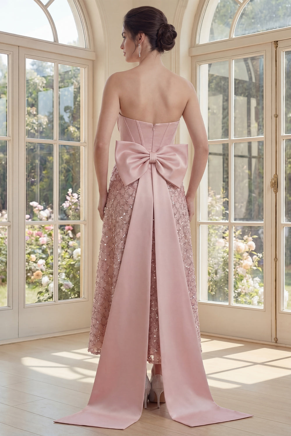Strapless Blush Corset A-Line Bow Midi Dress