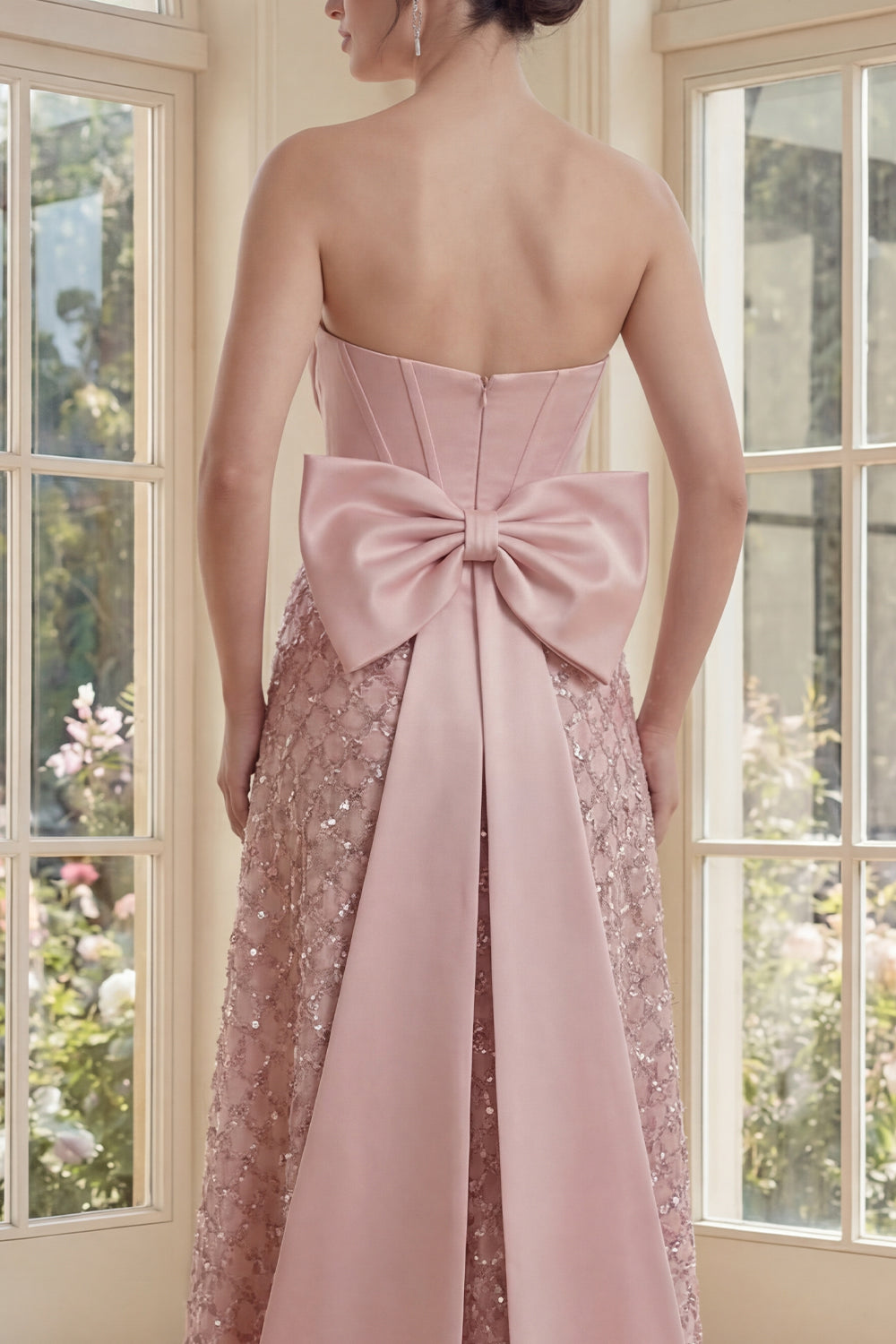 Strapless Blush Corset A-Line Bow Midi Dress