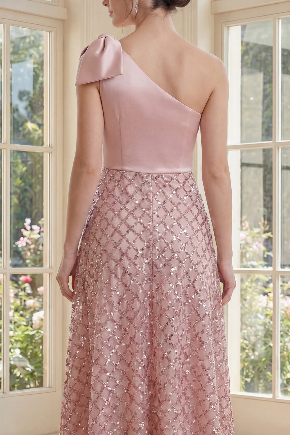 Sparkly One Shoulder Sequin Blush A Line Midi Dress with Bow