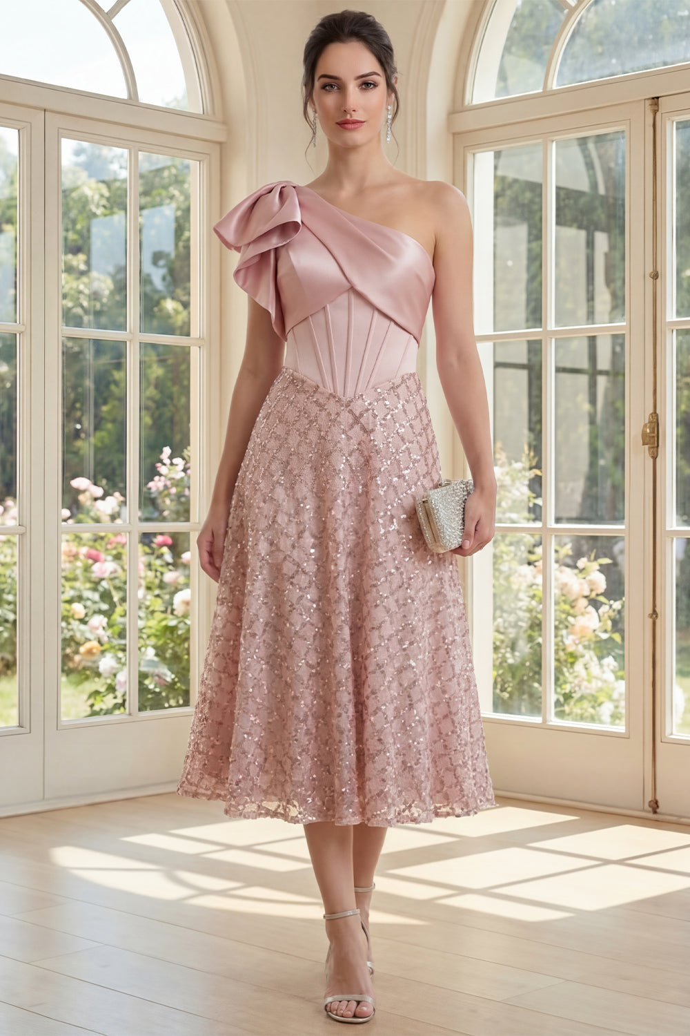 Robe midi à ligne A drapée froncée blush asymétrique scintillante