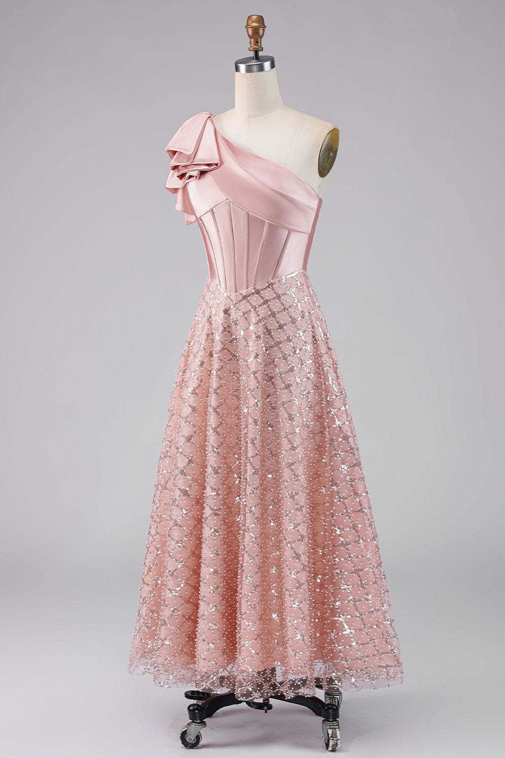 Robe midi à ligne A drapée froncée blush asymétrique scintillante