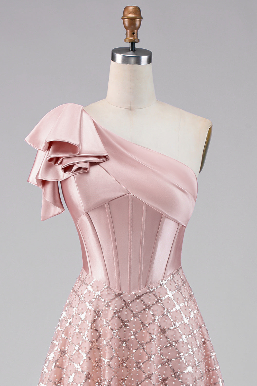 Robe midi à ligne A drapée froncée blush asymétrique scintillante