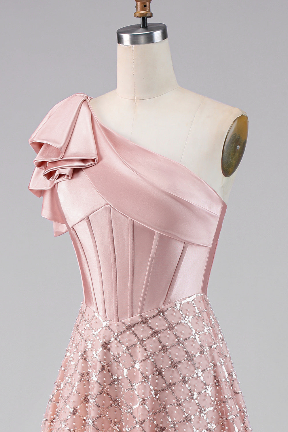 Robe midi à ligne A drapée froncée blush asymétrique scintillante